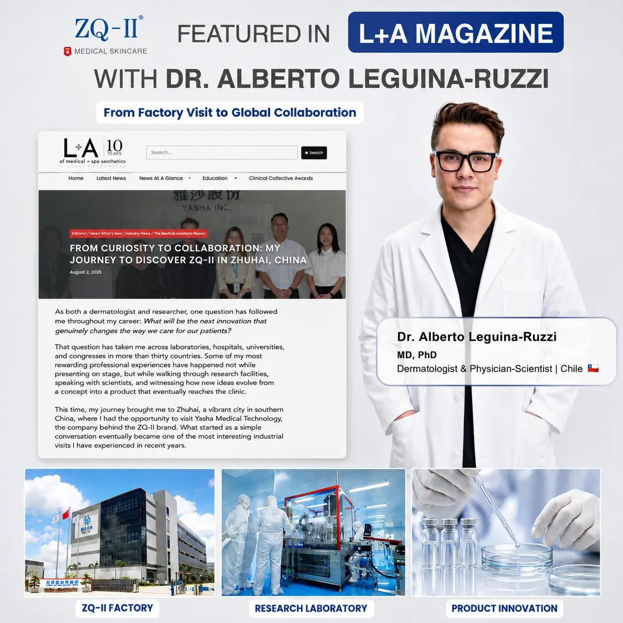 Dr. Alberto Leguina-Ruzzi, MD, PhD návšteva lekárskej starostlivosti o pleť ZQ-II uvedená v časopise L+A